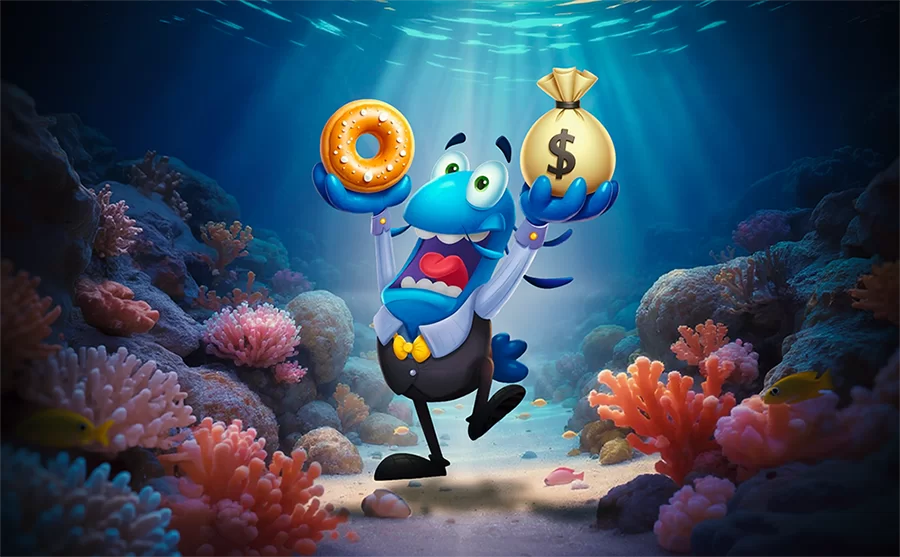 Yabby with a bag of money and a doughnut