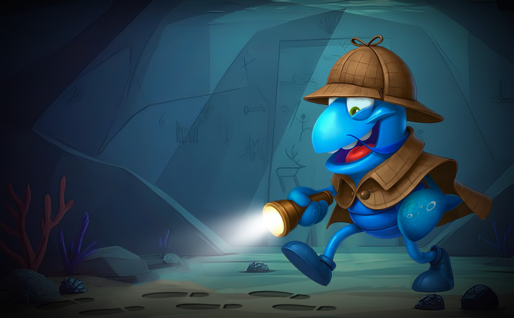 Mr. Yabby searching for clues in a cave.