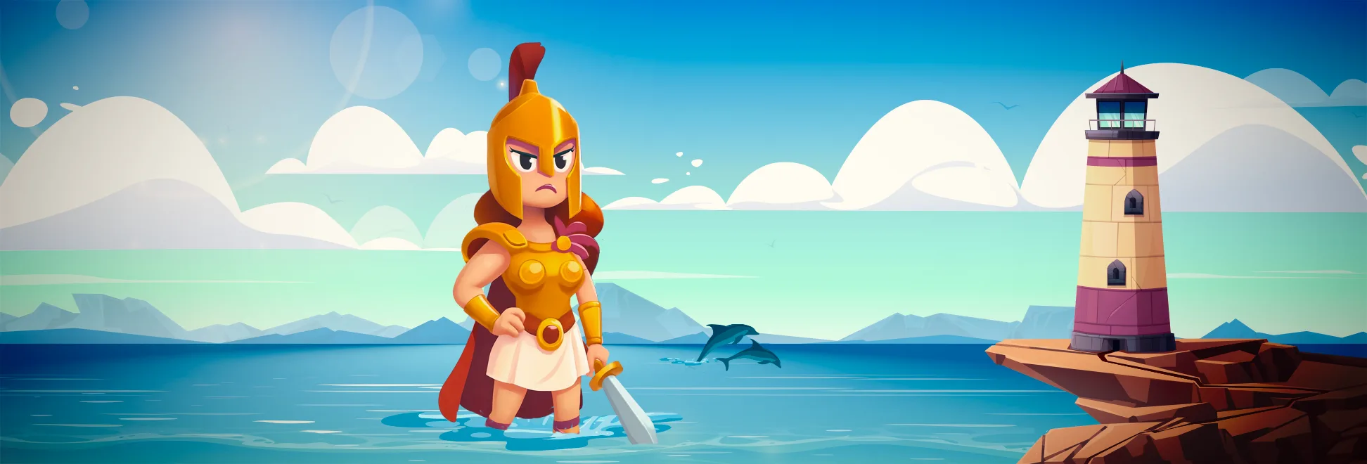 Princess warrior standing in the shallows and 2 dolphins visible behind her