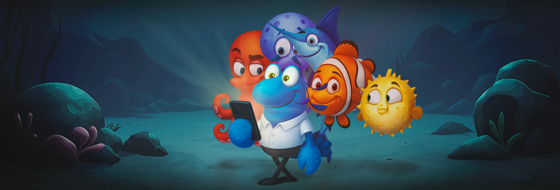 Mr. Yabby showing a game to his fish friends